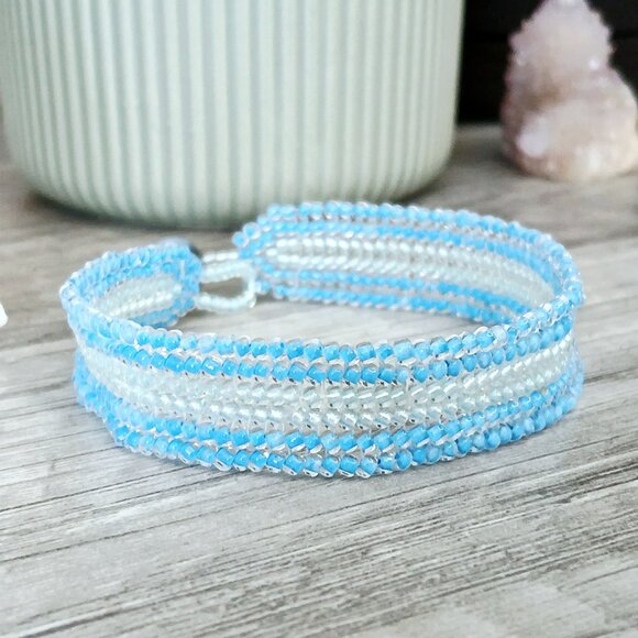 Boho Beaded Gemstone Bracelet, Blue Lace Agate Seed Bead Jewelry. 7" - Picture 2 of 11